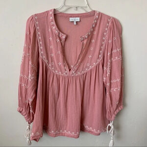 Lucky Brand Pink 3/4 Sleeve Boho Embroidered V-Neck Top size XS